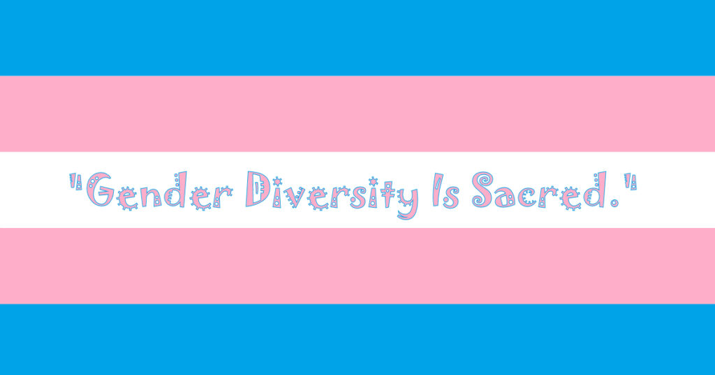 The Trans Pride flag -- 5 horizontal stripes in the following order: light blue, pink, white, pink, light blue. The words "Gender Diversity Is Sacred," are written in pink with a light blue border across the middle white stripe.